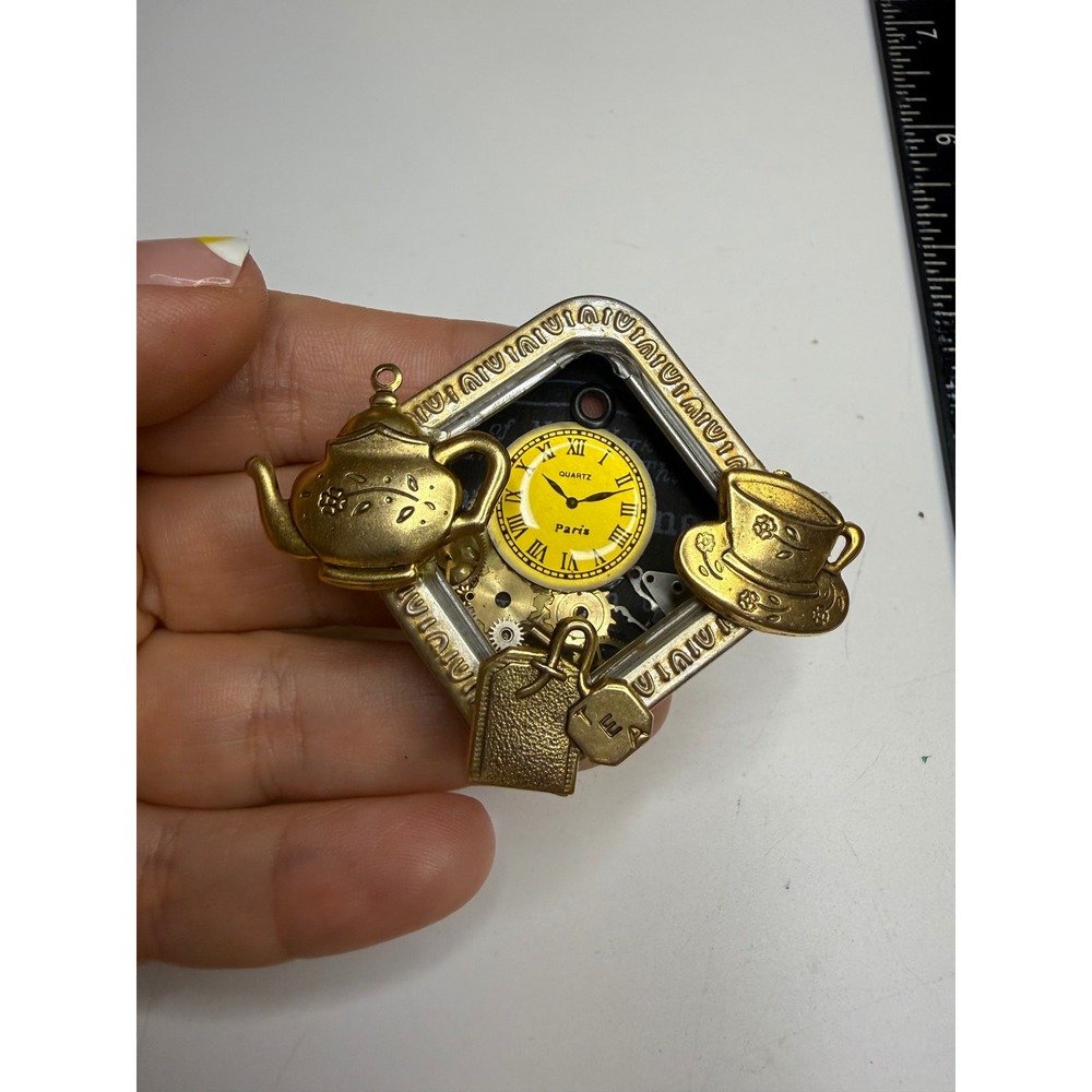 Steampunk Tea Time Shadow Box Pendant Quartz Paris Clock Teapot Teacup Charms